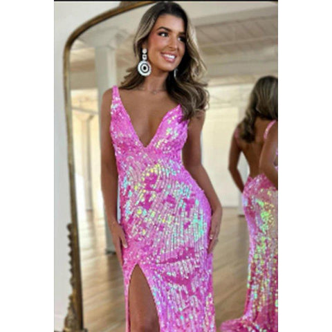 Robe de soirée fourreau chic et moderne à col en V et manches scintillantes avec fente latérale