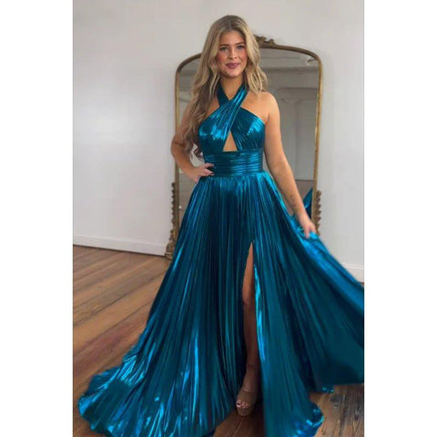 Robe de soirée longue trapèze chic et moderne, sans manches, avec décolleté en V et fente latérale