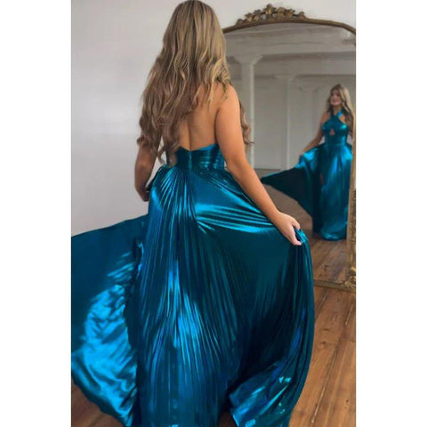 Robe de soirée longue trapèze chic et moderne, sans manches, avec décolleté en V et fente latérale