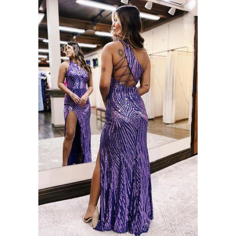 Robe de soirée chic et moderne à une épaule, dos nu, fente latérale, sans manches