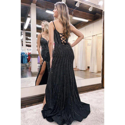 Chic Morden Spaghetti Straps V-Neck Sheath Slit Evening Party Prom Dress