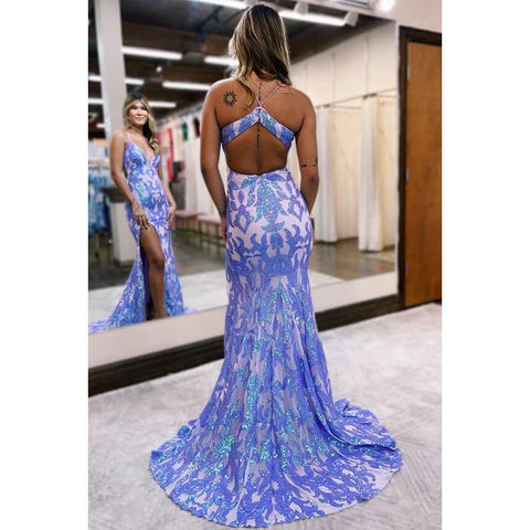 Chic Morden col en V bretelles spaghetti fente sirène soirée robe de bal