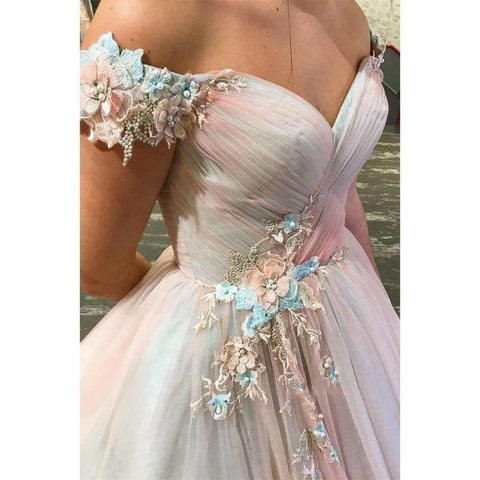 Robe de soirée longue en tulle à épaules dénudées et appliques 