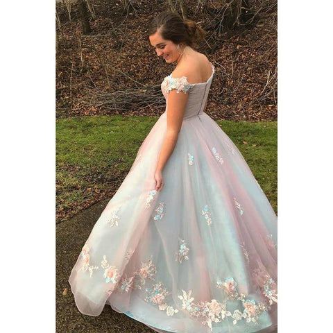 Robe de soirée longue en tulle à épaules dénudées et appliques 