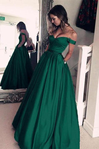 Chic Off-the-Shoulder Evening Party Gowns Green Long Prom Dresses