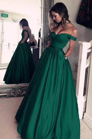 Chic Off-the-Shoulder Evening Party Gowns Green Long Prom Dresses