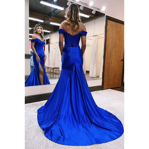 Robe de bal longue sirène chic à épaules dénudées et appliques en dentelle avec fente