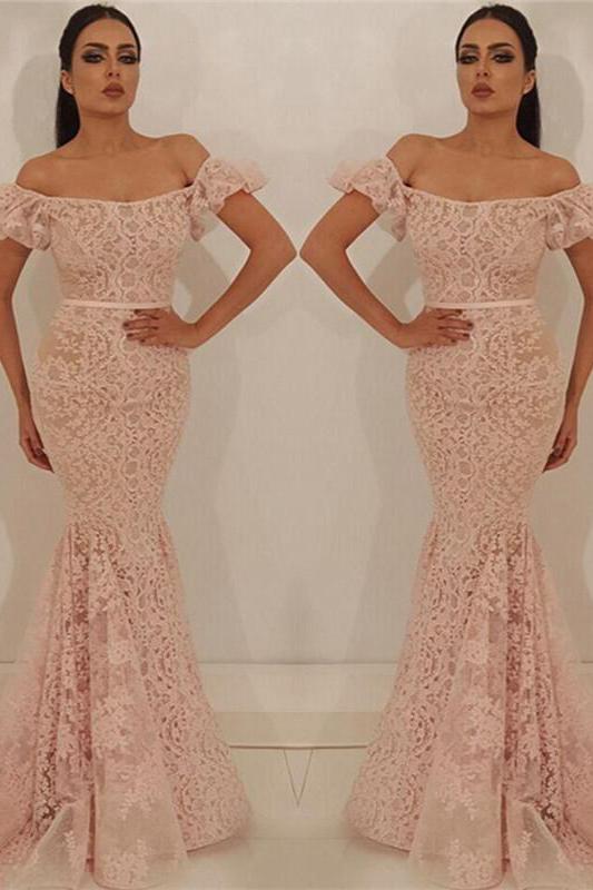 Chic Off-the-Shoulder Lace Party Dresses Chic Mermaid Sleeveless Long Prom Dresses