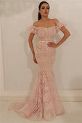 Chic Off-the-Shoulder Lace Party Dresses Chic Mermaid Sleeveless Long Prom Dresses
