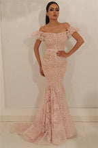 Chic Off-the-Shoulder Lace Party Dresses Chic Mermaid Sleeveless Long Prom Dresses