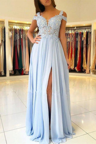 Chic Off-the-shoulder Low Back Prom dresses with Chic High Split Ligh Sky blue Evening Gowns with Lace appliques