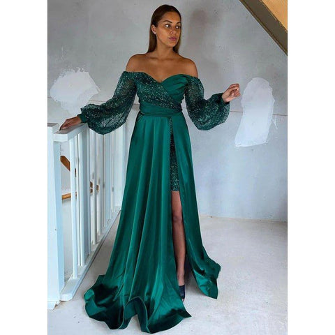 Robe de soirée longue chic à paillettes et épaules dénudées, manches longues et fente haute 