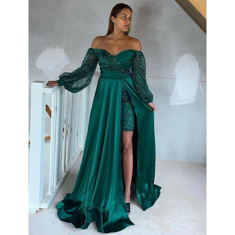 Robe de soirée longue chic à paillettes et épaules dénudées, manches longues et fente haute 