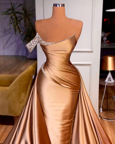 Chic One Shoulder Crystal Mermaid Prom Dress With Detachable Train