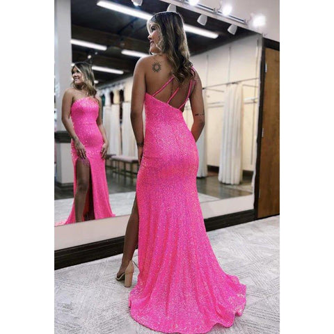 Chic One-Shoulder Sleeveless Sequins Side Slit Mermaid Party Prom Dress