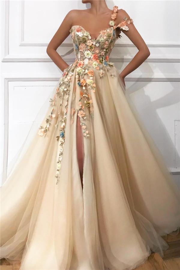 Chic One Shoulder Strap Tulle Sweetheart Front Slit Appliques Flowers Formal Dresses
