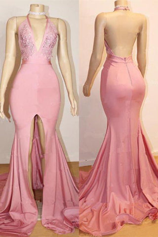 Elegante vestido de fiesta rosa, vestido de noche de encaje sin espalda con abertura