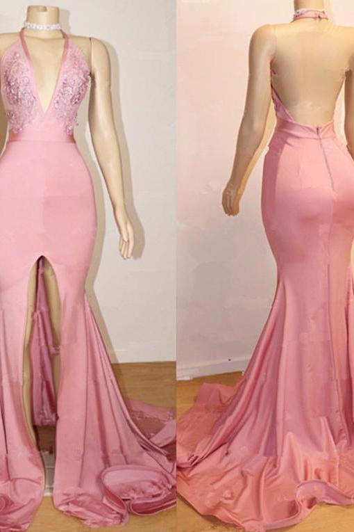 Chic Pink Party Dresses Backless Lace Evening Gown With Slit