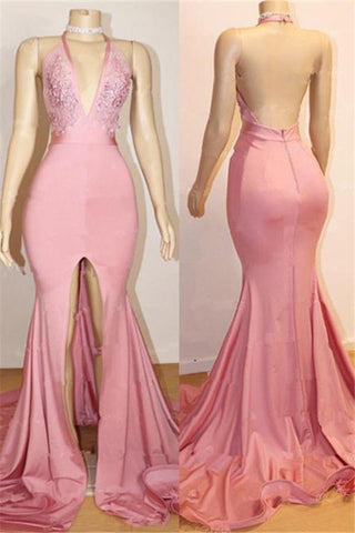 Elegante vestido de fiesta rosa, vestido de noche de encaje sin espalda con abertura