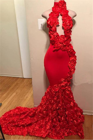 Vestidos formales de sirena sin mangas con cuello halter rojo y flores