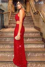 Chic Red One Shoulder Sleevesless Side Split Sequins Formal Dresses