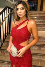 Chic Red One Shoulder Sleevesless Side Split Sequins Formal Dresses