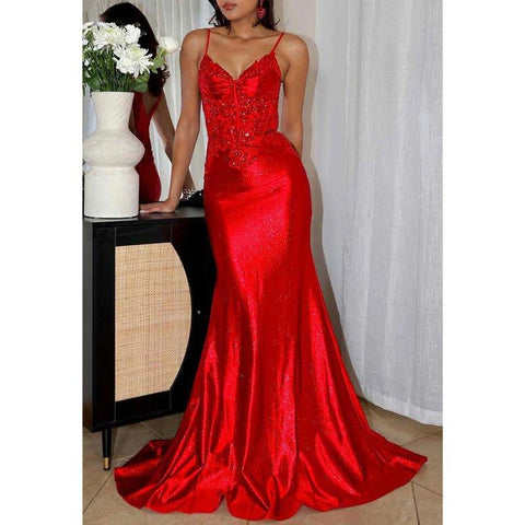 Chic Red V-neck Spaghetti Straps Appliques Beaded Party Prom Evening Dress