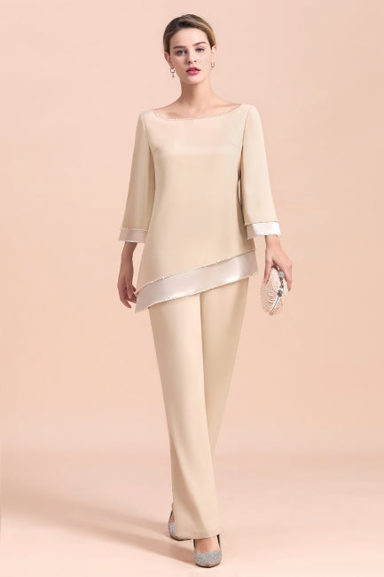 Elegante mono de gasa color champán con cuello redondo para la madre de la novia disponible online