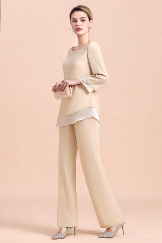 Chic Round-Neck Champagne Chiffon Mother of Bride Jumpsuit Online