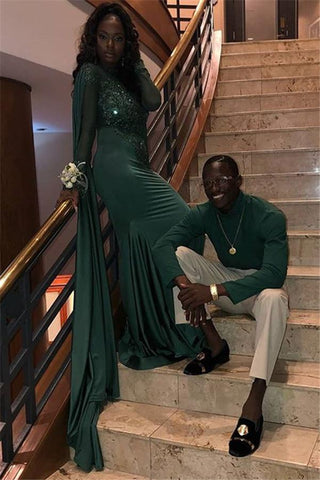 Vestidos formales de sirena con cuello redondo, mangas largas y apliques.