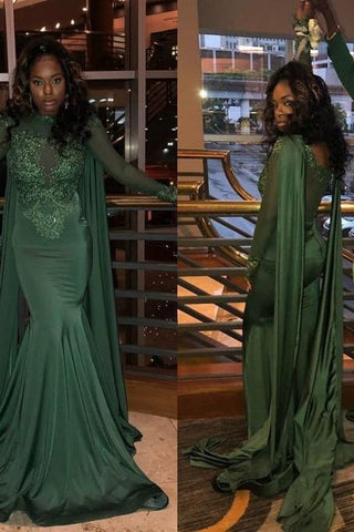 Vestidos formales de sirena con cuello redondo, mangas largas y apliques.