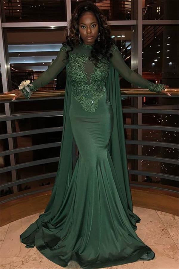 Chic Round Neck Long Sleeves Appliques Mermaid Formal Dresses
