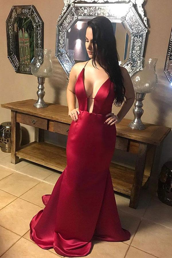 Chic Ruby Spaghetti-Straps Criss-cross Open Back Column Formal Dresses