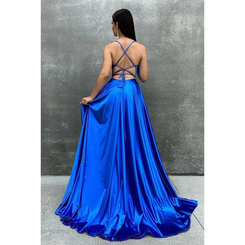 Chic Scoop Blue Satin Pleats Split Simple Prom Dress with Pockets