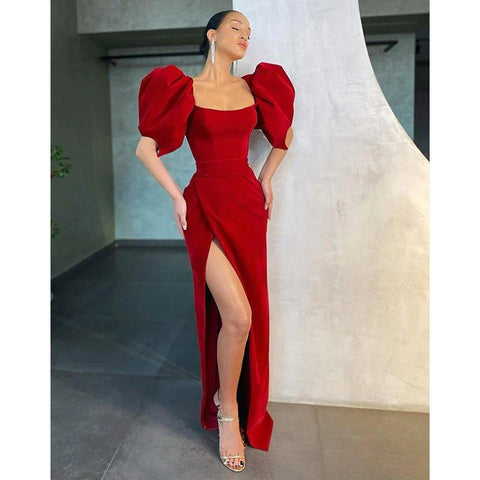 Elegantes vestidos de noche formales vintage con mangas abullonadas y abertura 