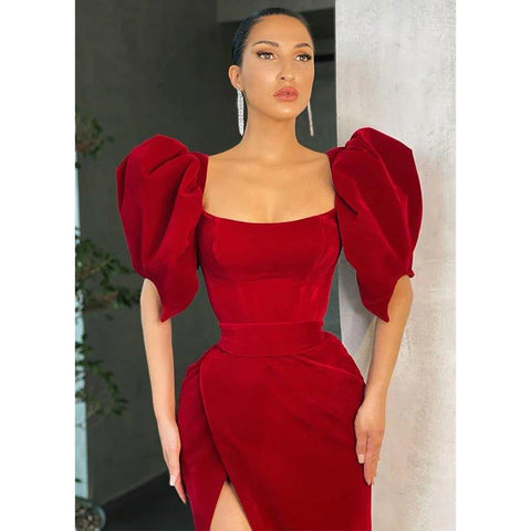 Elegantes vestidos de noche formales vintage con mangas abullonadas y abertura 