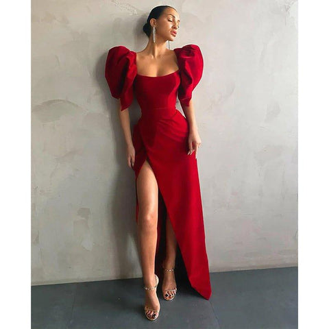 Elegantes vestidos de noche formales vintage con mangas abullonadas y abertura 