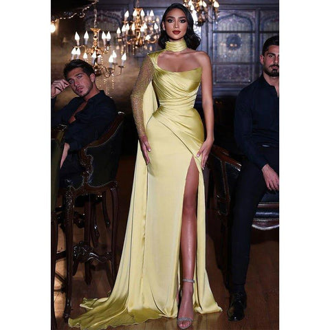 Chic Scoop Satin Pleats Long Sleeves Mermaid Prom Party Dress with Slit