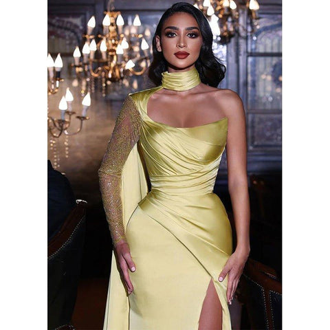 Chic Scoop Satin Pleats Long Sleeves Mermaid Prom Party Dress with Slit