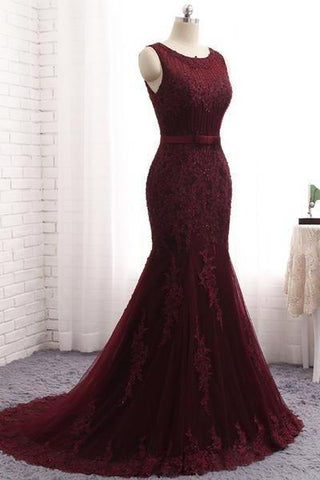 Robe de bal chic à col rond sans manches en tulle sirène avec appliques et sequins, fermeture éclair