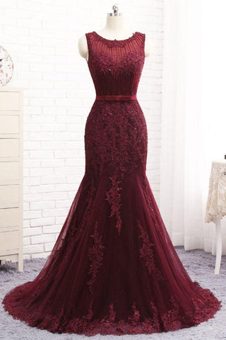 Robe de bal chic à col rond sans manches en tulle sirène avec appliques et sequins, fermeture éclair