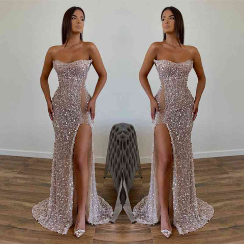 Chic Sequined Floor Length Strapless A-line Prom Dress with Front Slit