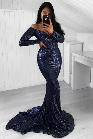 Chic Sequins Mermaid Long Sleevess Mermaid Off-the-Shoulder Formal Dresses