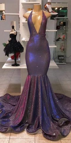 Chic Sexy Deep Sleeveless V-Neck Prom Dresses New Arrival Halter Memaiad Sequins Evening Gowns