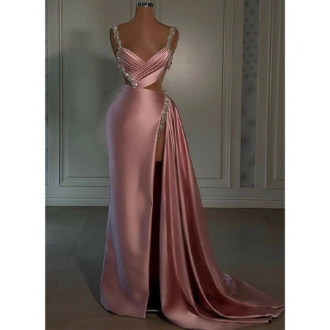 Vestido de noche largo vintage con pliegues rosas y tirantes de cuentas 