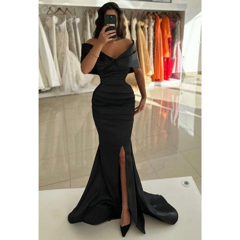 Chic Sheath Off Shoulder Satin Pleats Prom Formal Evening Dress