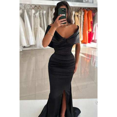 Chic Sheath Off Shoulder Satin Pleats Prom Formal Evening Dress