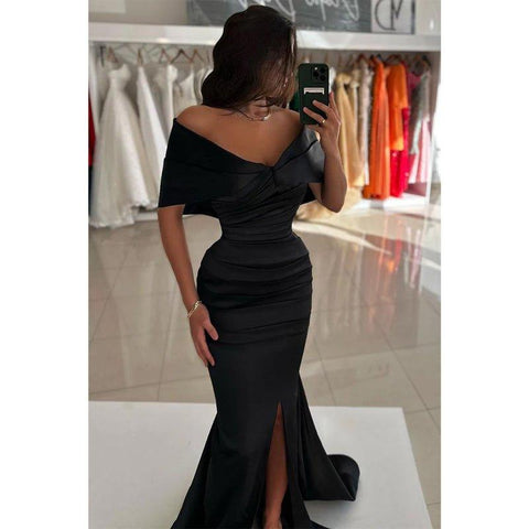 Chic Sheath Off Shoulder Satin Pleats Prom Formal Evening Dress