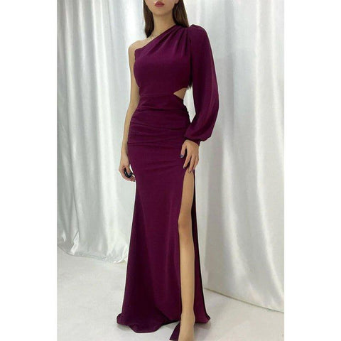 Chic Sheath/column One Shoulder Pleats Long Sleeves Formal Dress