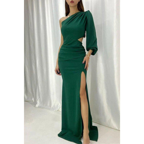 Chic Sheath/column One Shoulder Pleats Long Sleeves Formal Dress